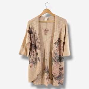 Live in the Moment Cardigan Size L Tan Brown Purple Floral Lightweight Casual